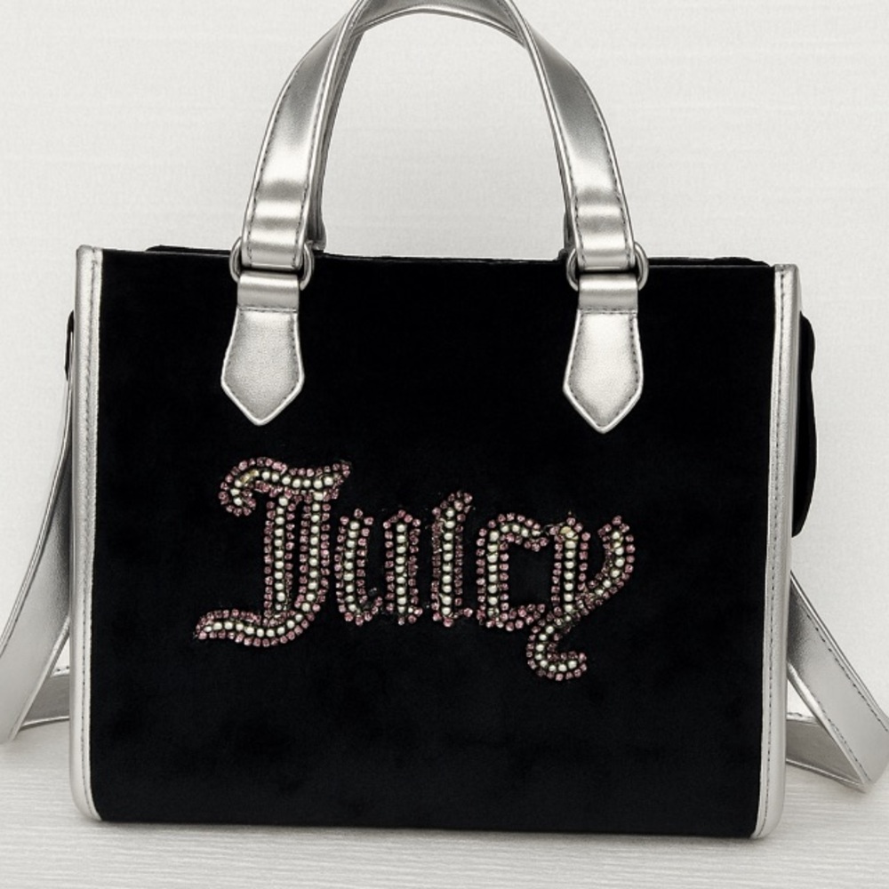 Juicy Couture Black & Silver Velvet Tote Bag – 9” Length x 8” Height